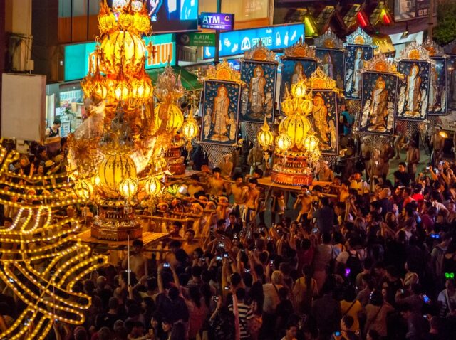 Chiang Mai, Thailand -  Nov 2015: Loi Krathong and Yi peng aka lantern festival celebrations around the town.