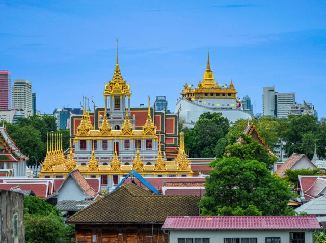 Ancient pagoda of Prasat Wat Ratchanaddaram Worawihan  and Wat Saket Temple the most beautiful archaeological sites in Bangkok