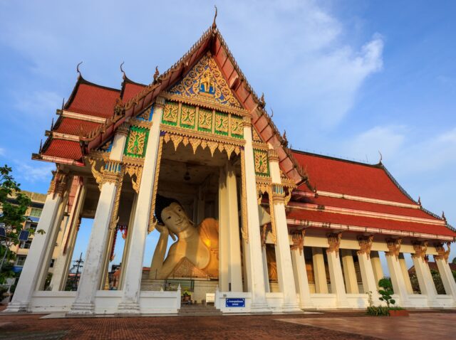 Hat Yai, Thailand - February 11, 2023: Wat Hat Yai Nai is a buddhist temple with a large reclining Buddha measuring 35 m long named Phra Phuttha Hattha Mongkhon.