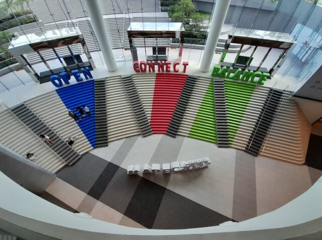 Bangkok, Thailand, Dec 9, 2022 The beautiful morning view of building with modern urban in city, Queen Sirikit Convention Center, The colorful of tiles on Steps in a Stairway