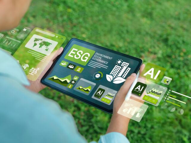 ESG concepts for environment, society and governance. Businessman uses iPad to analyze ESG in business investment strategy concept. which the screen shows with a green graph