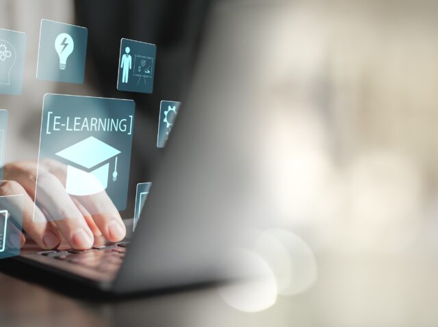 Concept of Online education. man use Online education training and e-learning webinar on internet for personal development and professional qualifications. Digital courses to develop new skills.