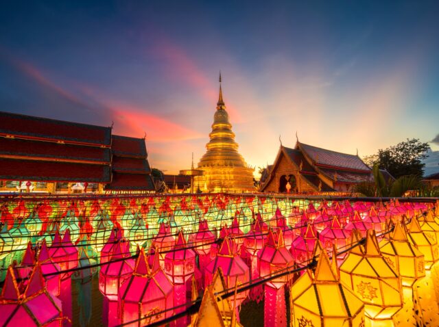 Beautiful Lanna lamp lantern are northern thai style lanterns in Loi Krathong or Yi Peng Festival at Wat Phra That Hariphunchai is a Buddhist worship temple It a  tourist attraction Lamphun Thailand.
