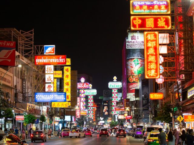 Bangkok, Thailand - January 06, 2025: Night at Yaowarat road, the main street of Chinatown Bangkok, Thailand on January 06, 2025.