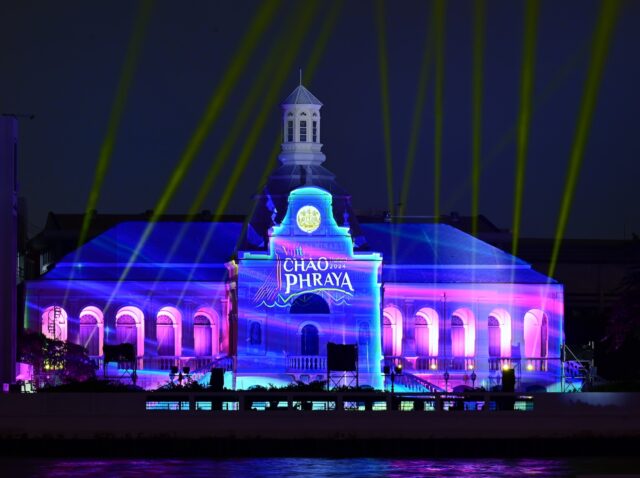 Bangkok, Thailand December 20,2024 : Awakening Bangkok festival, Immersive art show on famous building in Bankok for new year celebration by using digital projector mapping mixed with laser show.