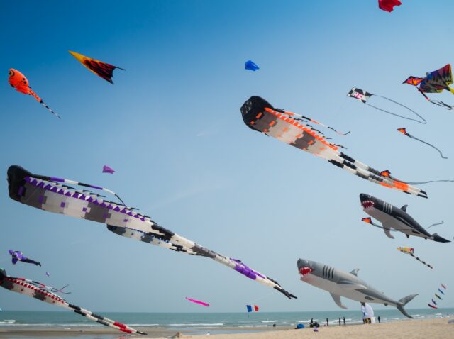 Flying kite festival with Octopus, jellyfish, shark fish and shaped animal. Various colorful kites flying in the blue sky on the public beach. Free public event featuring local of Thailand.