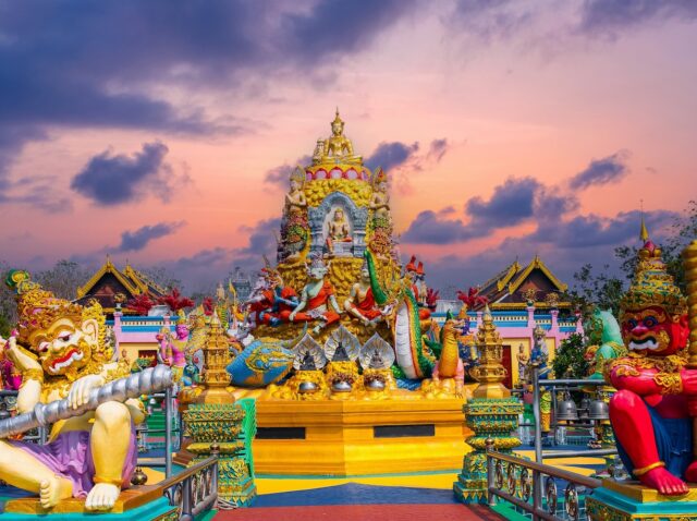 Vibrant sunset at wat sang kaew temple, chiangmai, Thailand.