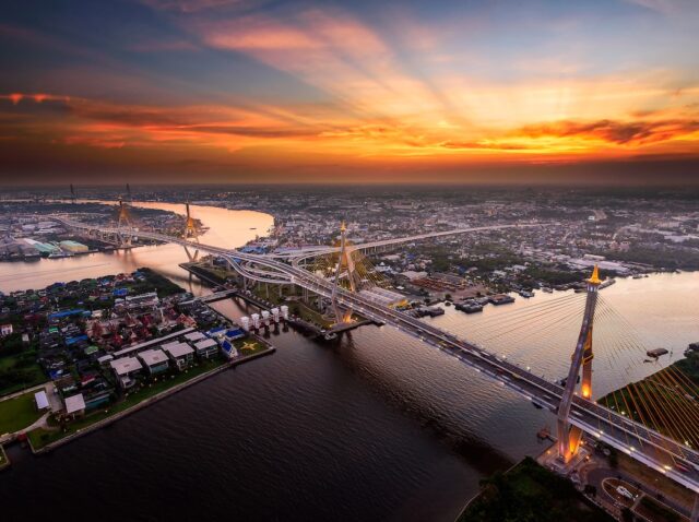 Bangkok City - Beautiful sunset view of Bhumibol Bridge,Thailand